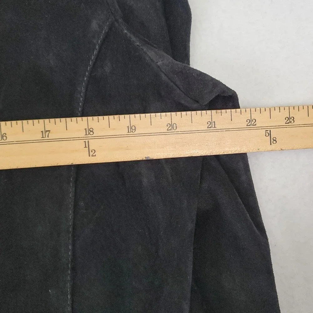Chicos Vintage Black Suede Long Jacket Button Front Collared Size 3 / X-Large